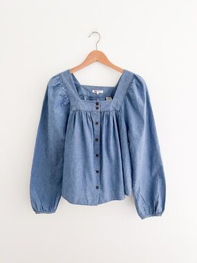 Levi's Cotton Chambray Blouse Square Neck Peasant Long Sleeve Top NWT Size L
